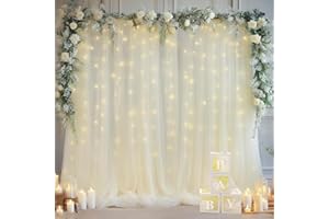 10ft x 7ft Ivory White Sheer Backdrop Curtain with Lights String, Wrinkle Free Tulle Curtain Backdrop Drapes for Wedding Birt