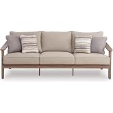 Signature Design by Ashley 3-Seat Wicker Outdoor Patio Sofa, Gray | Rust-resistant wood-look aluminum frame, All-weather woven polyethylene wicker, 4 included throw pillows, Francis Beach
