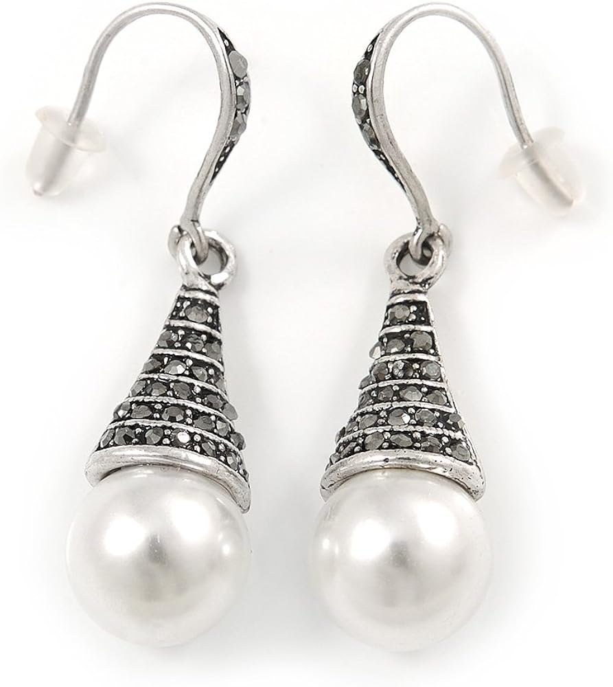 Marcasite Hematite Crystal Faux Pearl Drop Earrings In Silver Tone - 45mm L, dark grey, silver, white / ivory