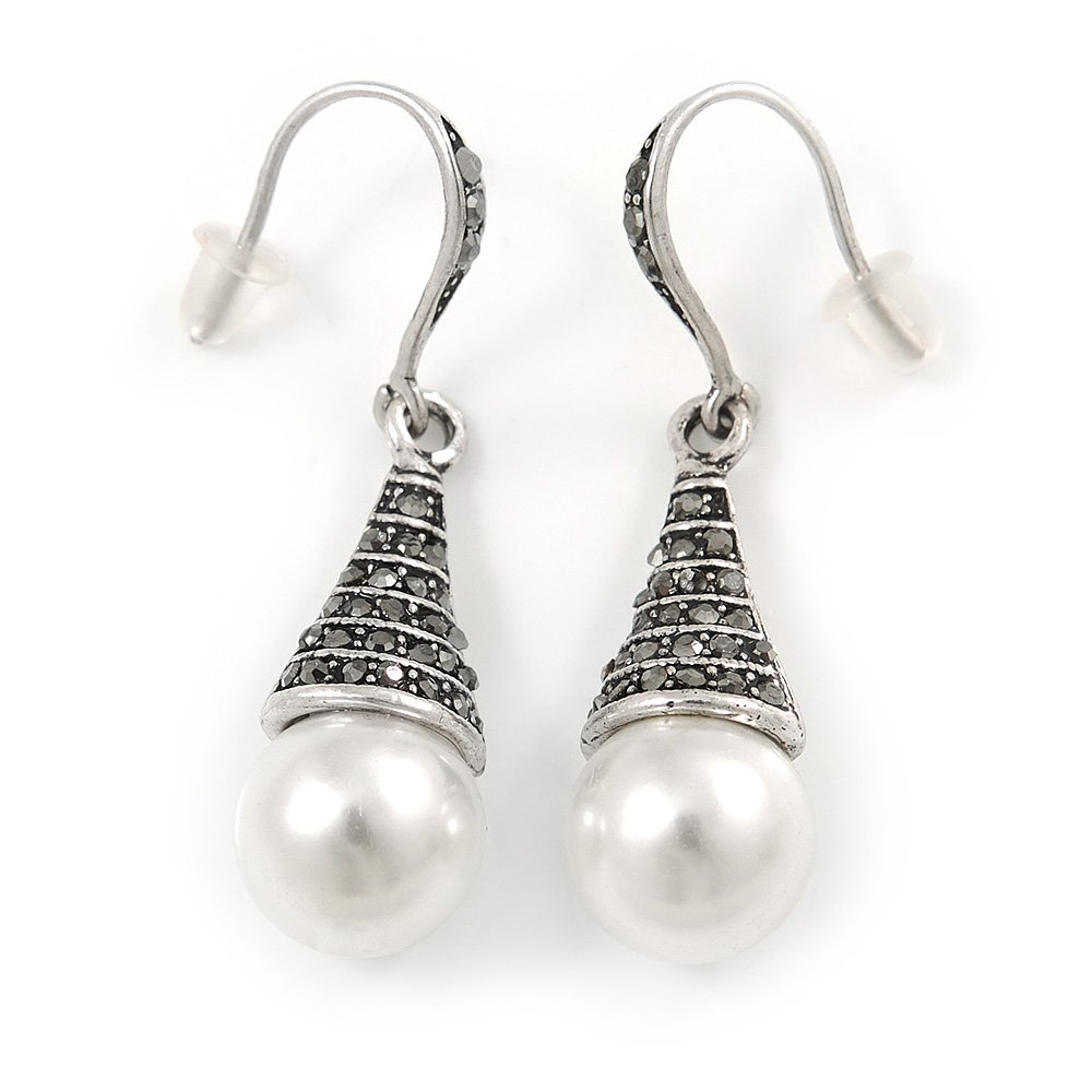 Marcasite Hematite Crystal Faux Pearl Drop Earrings In Silver Tone - 45mm L