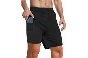 Buauty Mens Swim Trunks with Compression Liner 7 Inch Inseam Quick Dry Swim Shorts Mens Swimsuit Board Shorts with Pockets