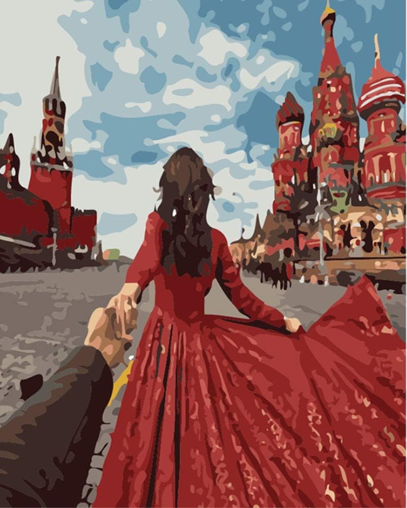ABEUTY DIY Fabric Decorating Kits, Paint by Numbers Red Evening Dress Bride Wedding 16x20 inches Number Painting Wall Art