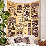 Tapestry Artwork Wall Hanging Hawaiian Tribal Tiki Mask Sculpture Polynesian Totem Tribe Island Design Maya Home Decor Tapestries Decorative Bedroom Living Room Dorm 60×60 Inches DBZY241