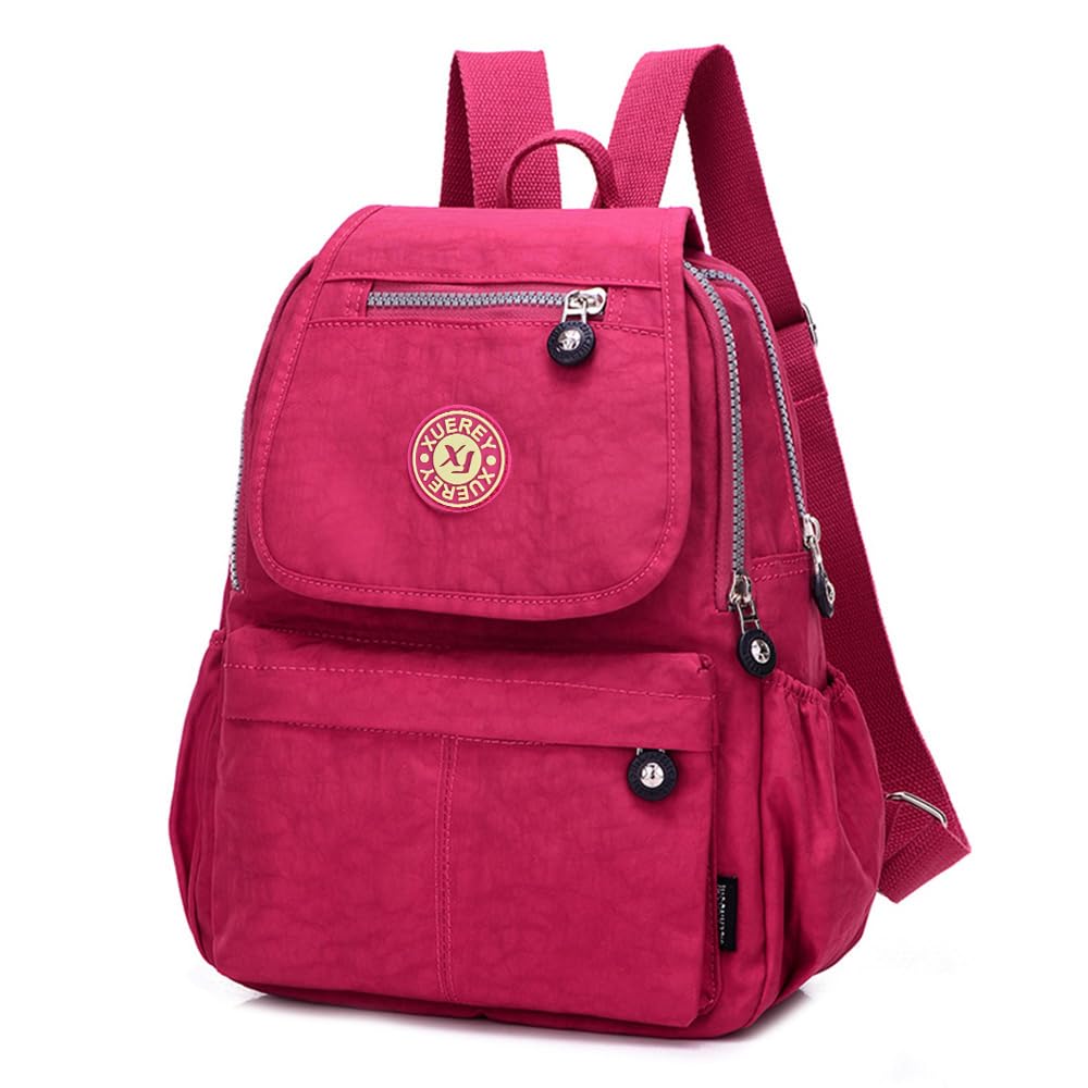 XUEREY Women's Small Handbag Nylon Shoulder Bag Casual Day Pack Multi-Pocket Casual Waterproof Nylon Bags Travel School Bag Laptop Backpack (Rose)