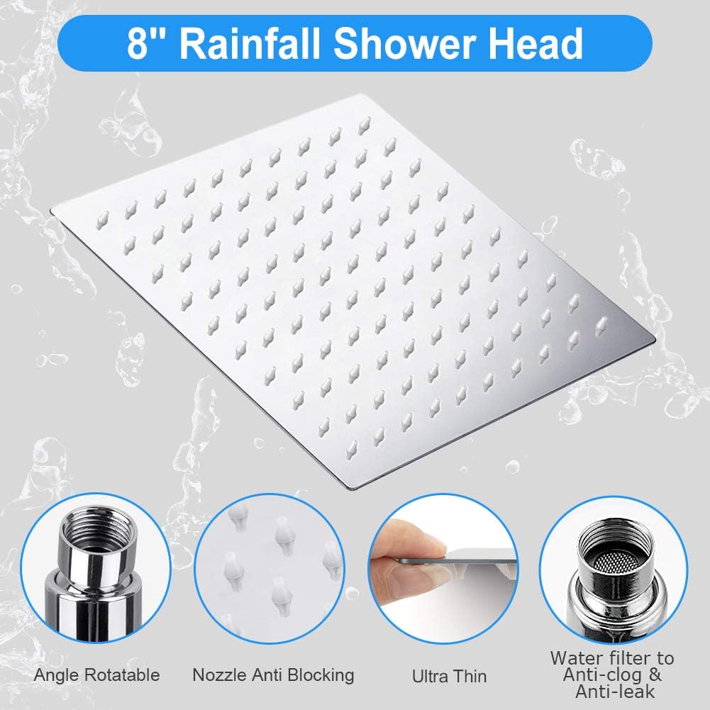 Kaqinu Shower Head, 8'' High Pressure Rainfall Shower Head / Handheld Showerhead Combo with 11” Extension Arm, Anti-leak Shower Head with Holder/ Hose, Flow Regulator, Chrome - - 