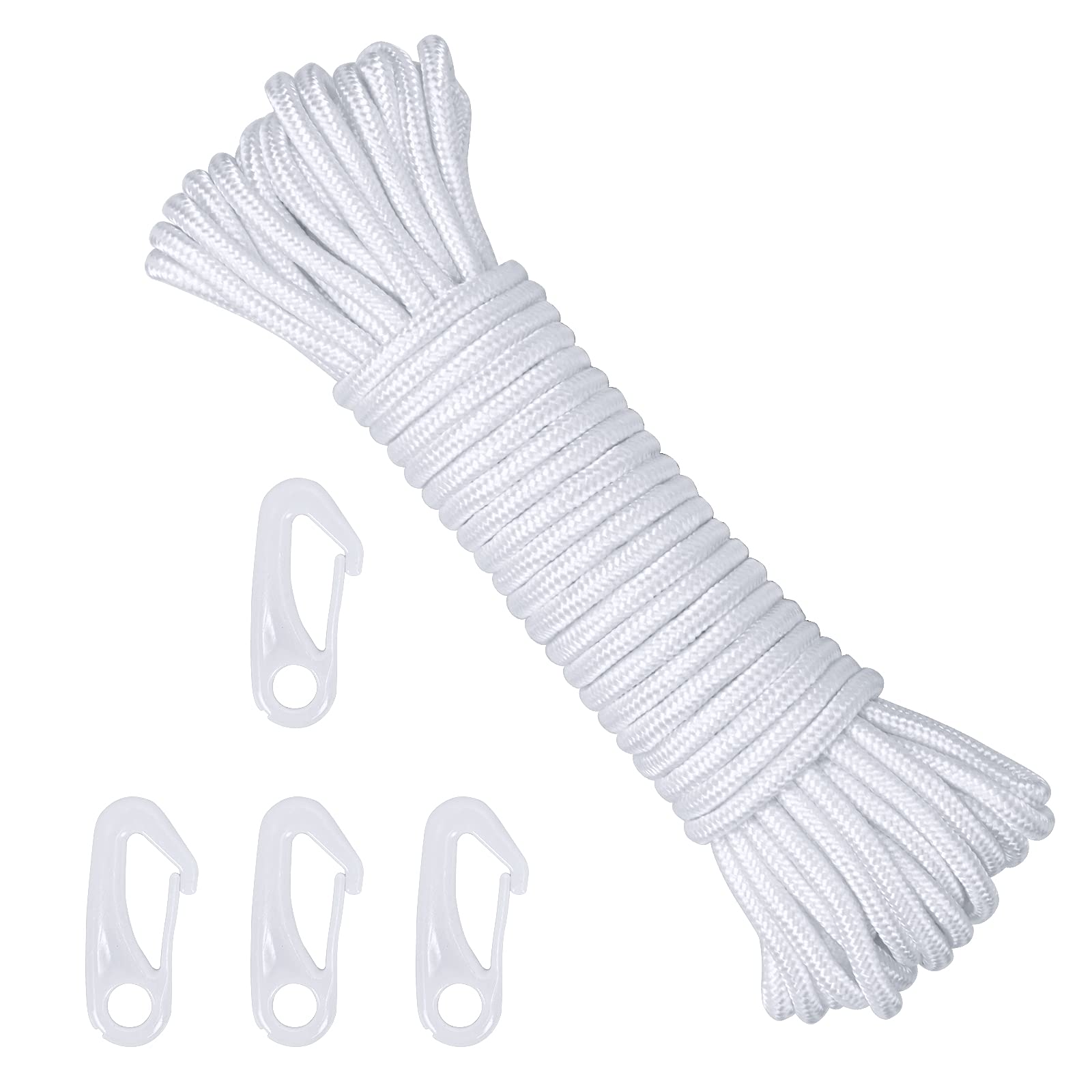 CINVEED 15 m Flag Rope Flagpole Rope with 4 Flagpole Clips Nylon Hoisting Rope White Replacement Rope Nylon Ropes Flags Accessories for Garden Home Rope Tent Outdoor Camping Washing Line Sky Curtain