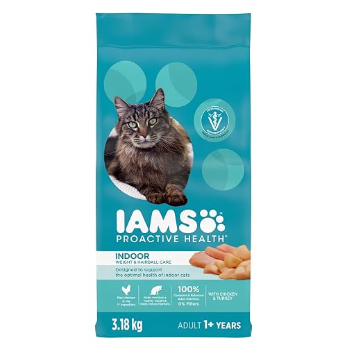 IAMS Proactive Health Indoor Weight & Hairball Care Adult Dry Cat Food – Chicken & Turkey – 3.18KG (7LB) Bag