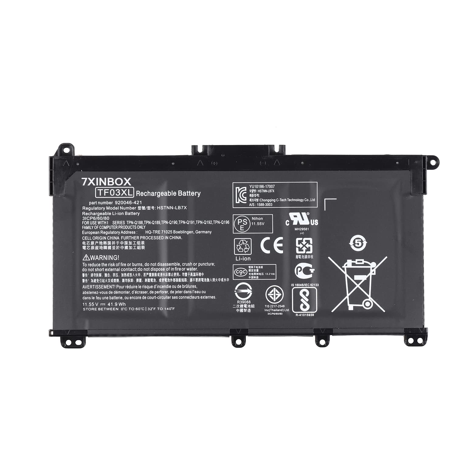 7XINbox 11.55V 41.9Wh TF03XL 920046-121 920070-855 HSTNN-IB7Y HSTNN-LB7J HSTNN-LB7X Laptop Battery compatible with HP Pavilion 14-BF 14-BK 14-BP 14-CD 15-CC 15-CD 15-CK 17-AR 15-CC000NO 15-CC001NC