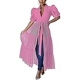 Ekaliy Women’s Casual Mesh See Through Shirts Long Dresses with Belt V Neck Button Down Club Party Outfit