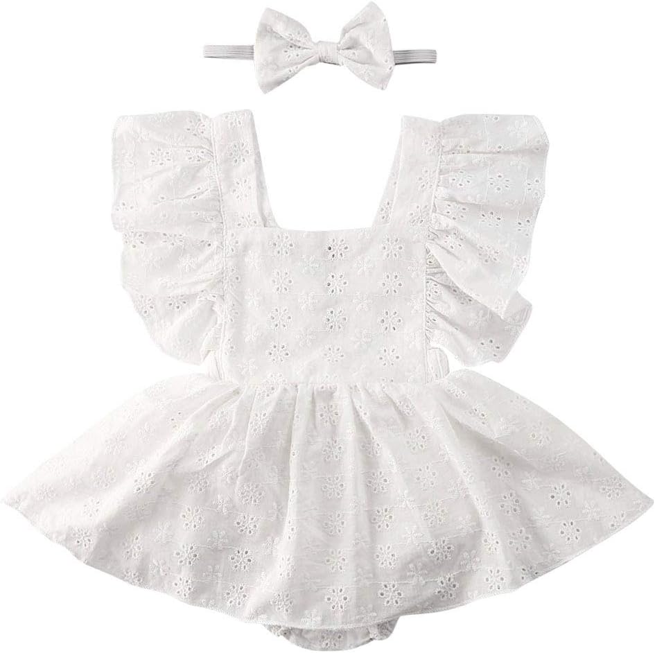 2PCS Infant Baby Girl Lace Ruffle Sleeveless Romper Bodysuit Jumpsuit Tutu Dress Outfit with Headband Clothes Set