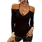 OYOANGLE Women's Cold Shoulder V Neck Long Sleeve T Shirt Slim Fit Solid Basic Casual Tee Shirts Y2K Going Out Tops