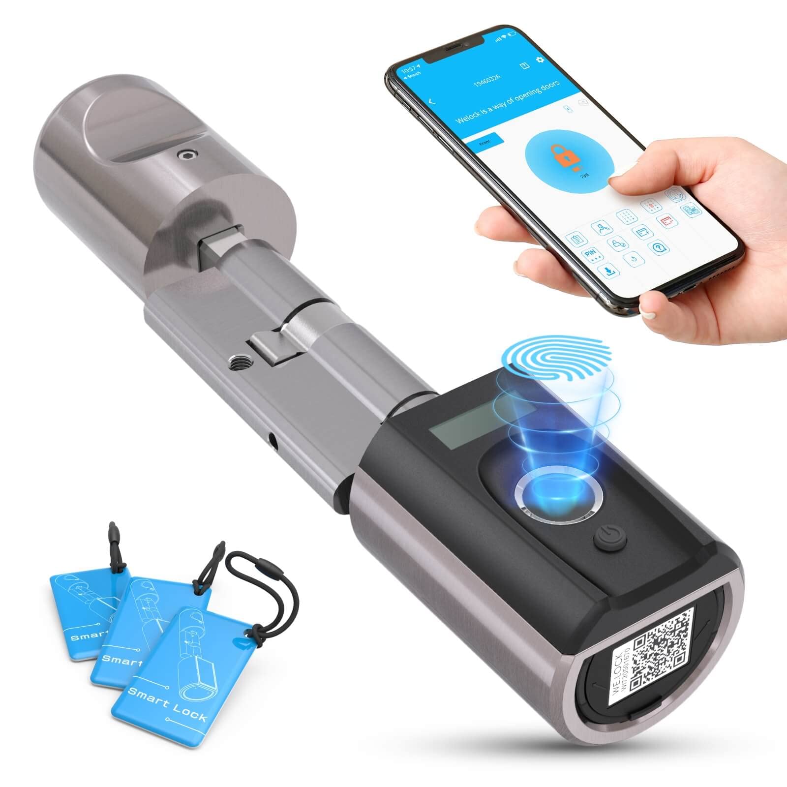 WELOCK Fingerprint Lock, Waterproof Smart, Biometric with App and Smart Card, Adjustable Length for 50-100mm Door