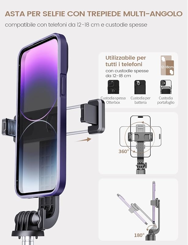 Bastone Selfie Treppied 106CM, ANXR Treppiede Smartphone con Telecomando Staccabile Compatibile con iPhone 15 14 13 Samsung Android Gopro