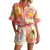 Wuitrie Two Piece Short Set for Women Casual Short Sleeve Collar Button Shirts Elastic Waist Shorts with Belt Lounge Sets