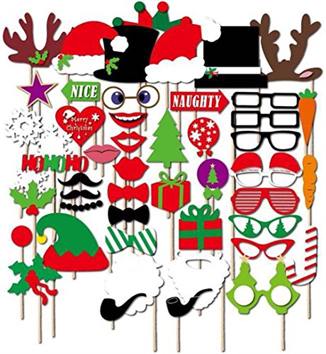 BlueSpace 50pcs Christmas Photo Booth Props Kit for Wedding Birthday Party Supplies Family Red Santa Hat Moustache Glasses Frame