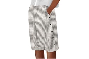 GENERIC Casual Pants for Women Striped Print Side Button Pants Summer Trendy Elastic Waist Stretch Straight Leg Trousers with Pockets