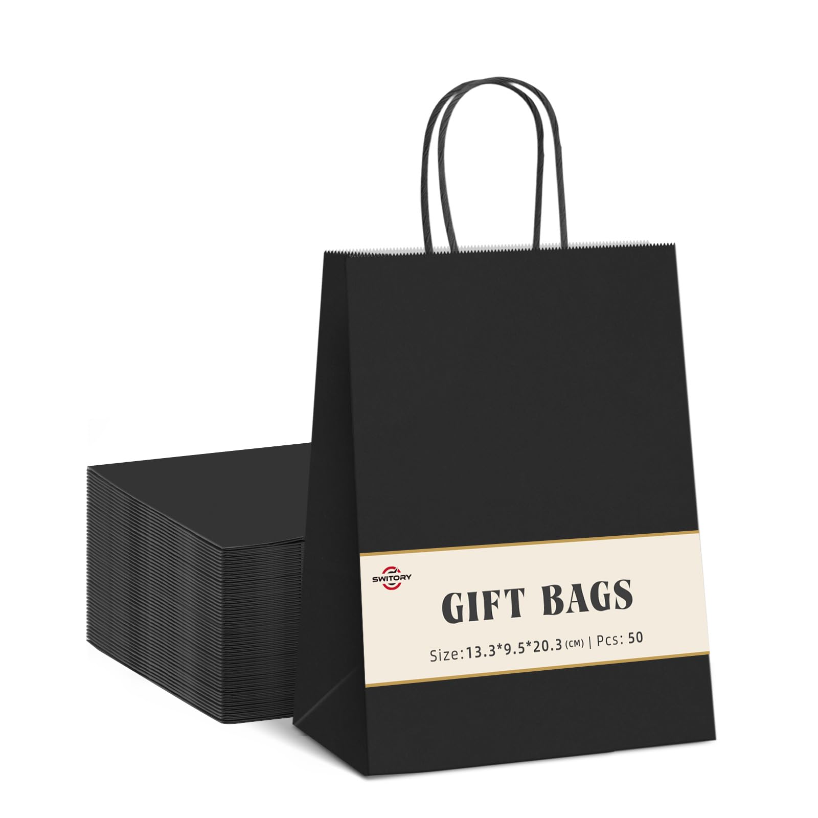 Switory 50pc Gift Bags, Black Shopping Kraft Paper Bag with Twisted Handles for Party Favor,Christian Festival,Thanksgiving Day, Christmas Day 5.25x3.75x8 Inch