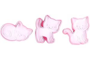 WAHEWUD 3 Pcs Cat Cookie Cutters Set with 3D Plunger Stamp Patterns Pink Food Grade Plastic Kitty Shaped Tools for Birthday P