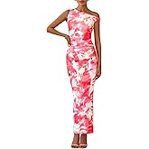PRETTYGARDEN Women's 2026 Summer Floral One Shoulder Maxi Dress Wedding Guest Ruched Mesh Bodycon Long Cocktail Dresses