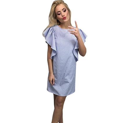 Lilicat Frauen Gestreift Blusenkleid Aus Schulter Kurzarm Baumwolle Minikleid Damen Sommer Lose Shirtkleid Knielang Midikleid