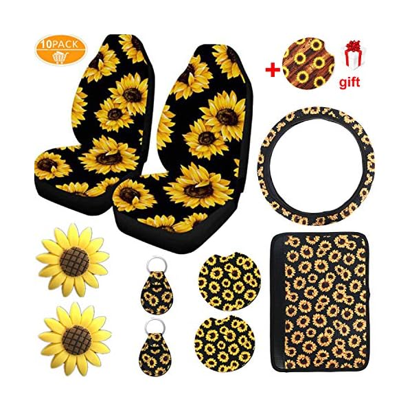 10PCS Sunflower Accessories for Car Wheel Cover,2PCS Car Front Seat Covers,Sunflower pattern center pad cover,2PCS Car Cup Holder Coaster and 2PCS Sunflower Keyring,2 PCS Car Vent Sunflower