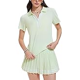 Women 2 Piece Tennis Skirt Set Pleated Golf Outfit, Polo V-Neck Athletic Dress Alternative Skort Set for Pickleball Pockets