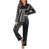 Ekouaer Women Satin Silk Pajamas Classic Long Sleeve Button Down Pjs Set Soft Loungewear