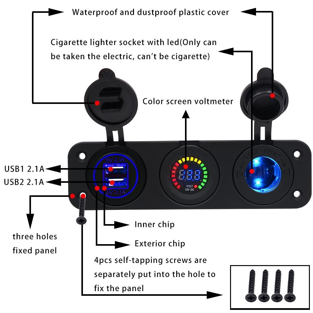 LED Voltm/&egrave;tre Meipire de voiture//RV//bateau//Yacht chargeur USB Prise allume-cigare 12/&nbsp;V//24/&nbsp;V trois trous allume cigare