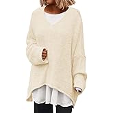 Saodimallsu Womens Oversized V Neck Sweaters Batwing Long Sleeve Knit Fall Slouchy Pullover Sweater Tops