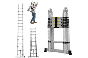 DICN Telescoping Ladder 16.5 Feet Aluminum Extension Ladder with Stabilizer Bar 330lbs Max Load for Home Builder Supply RV Roof Work Camper