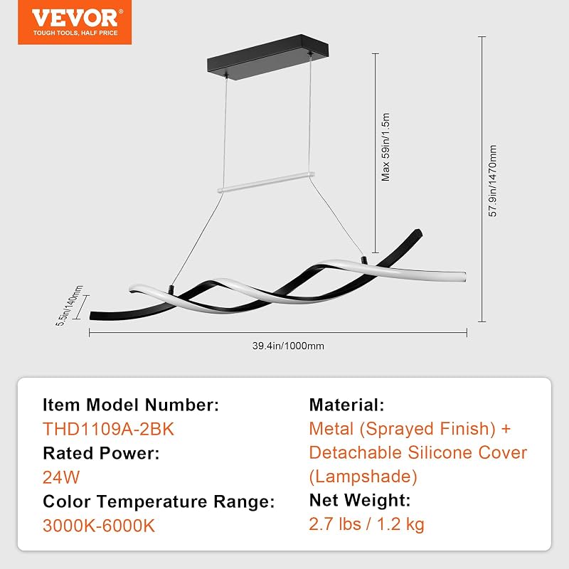 Luminaire moderne suspendu, 24 W, suspension LED à intensité variable avec abat-jour en silicone et télécommandé, température de couleur réglable 3000 K-6000 K, pour cuisine, salle à manger