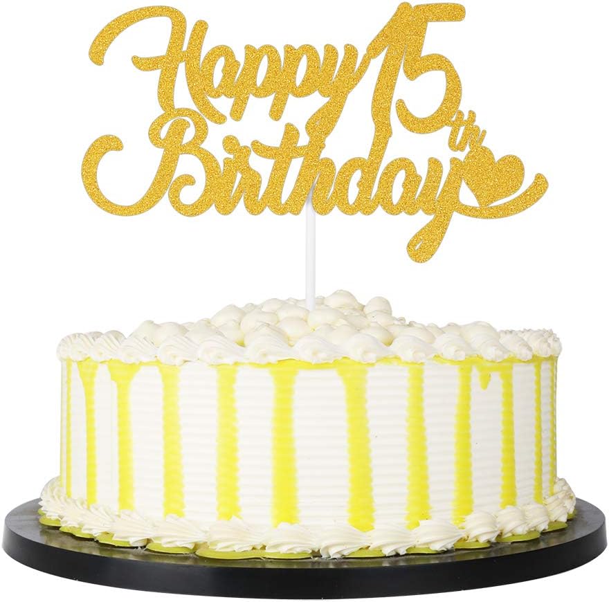 PALASASA Gold Single Sided Glitter Happy 15th Birthday, 15 Anniversary Cake Topper Party Decoration Supplies