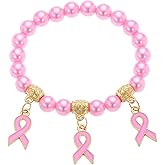 Lyfange Breast Cancer Awareness Bracelets for Women Pink Ribbon Beads Charm Bracelet Breast Cancer Encouragement Jewelry Accessories