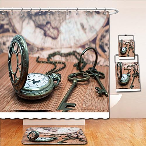 LiczHome Bath Suit: Showercurtain Bathrug Bathtowel Handtowel Antique Grunge Pocket Watch Clock, Skeleton Keys On Wooden Table and Ancient Map Background