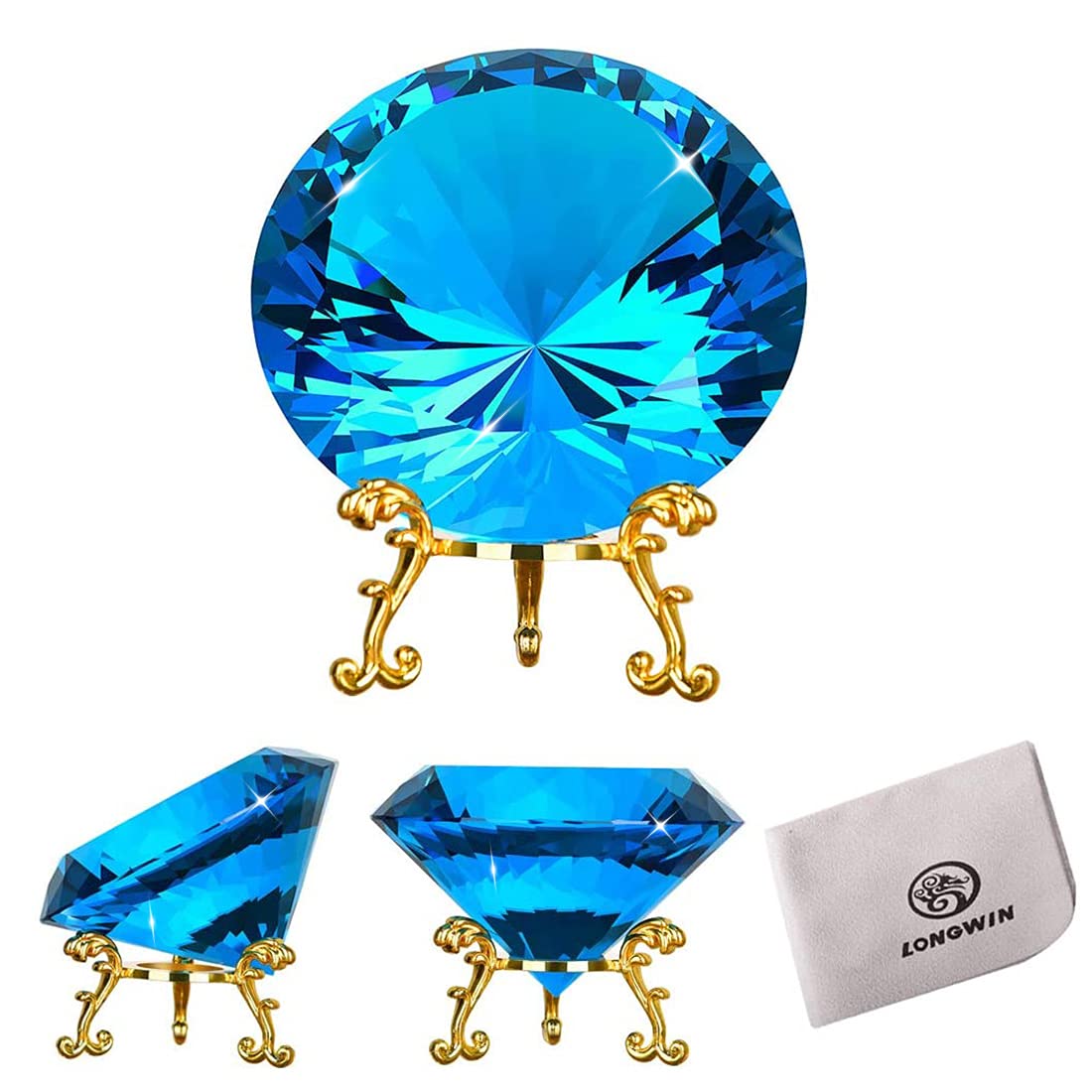 LONGWIN 80mm(3.1 inch) Crystal Diamond Paperweight Jewels Backgrand for Wedding Anniversary Gifts Home Decor with Gold Metal Base (Light Blue)
