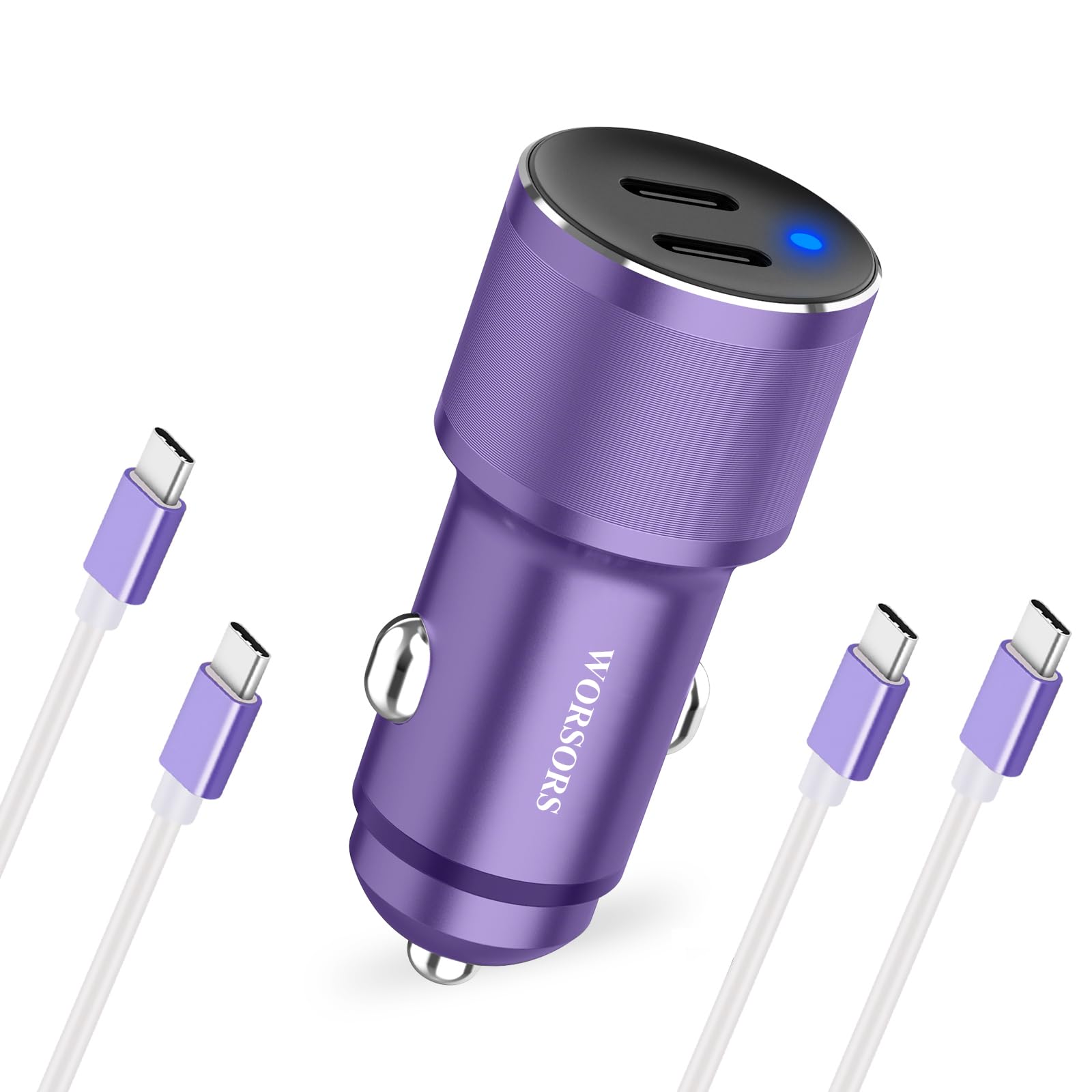 Purple Dual 45W USB C Car Charger, 90W Max Super Fast Charging, All Metal 12V Cigarette Lighter Adapter for iPhone 17 Pro Max/16/15/iPad, Samsung Galaxy S26/S25, Google Phone with 2 Type C Cable 3.3ft