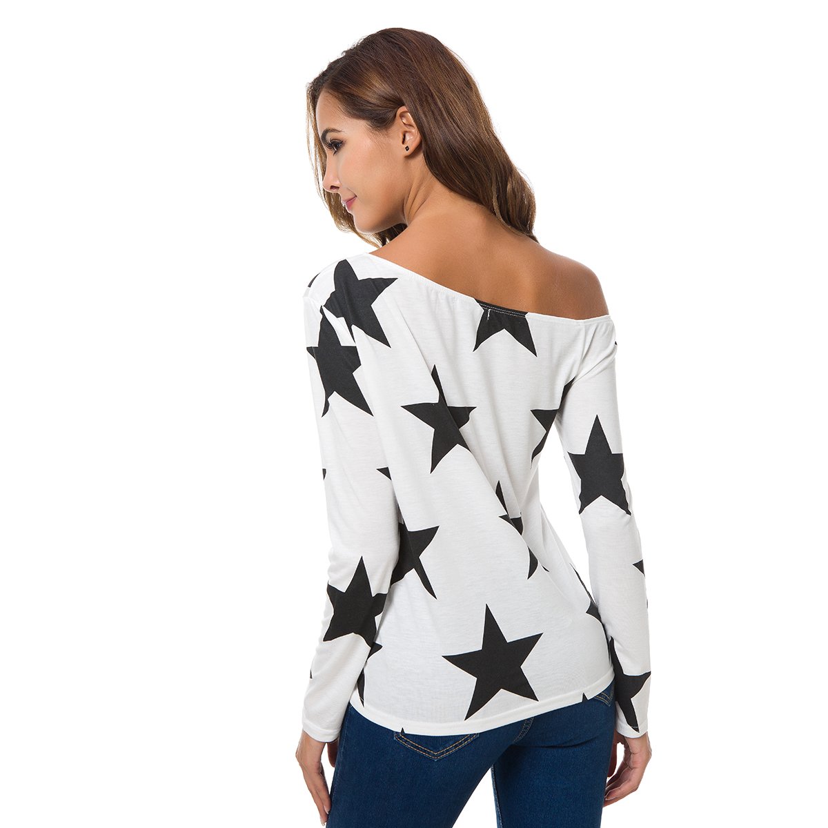 Zumine Women\'s One Off Shoulder T Shirts Star Print Long Sleeve Blouse Tops (L, White)