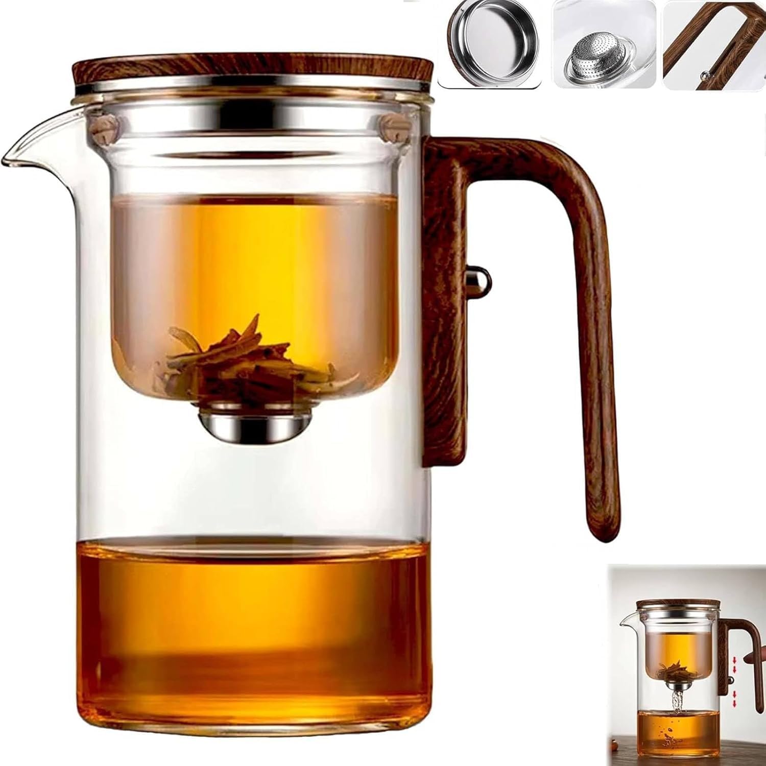 Photo 1 of Enchanti Magic Tea Pot, 900ML Water Separation Glass Teapot with Wooden Handle, Press Control Enchanti Tea Infuser with Strainer for Loose Leaf Witchcraft Tea Kettle