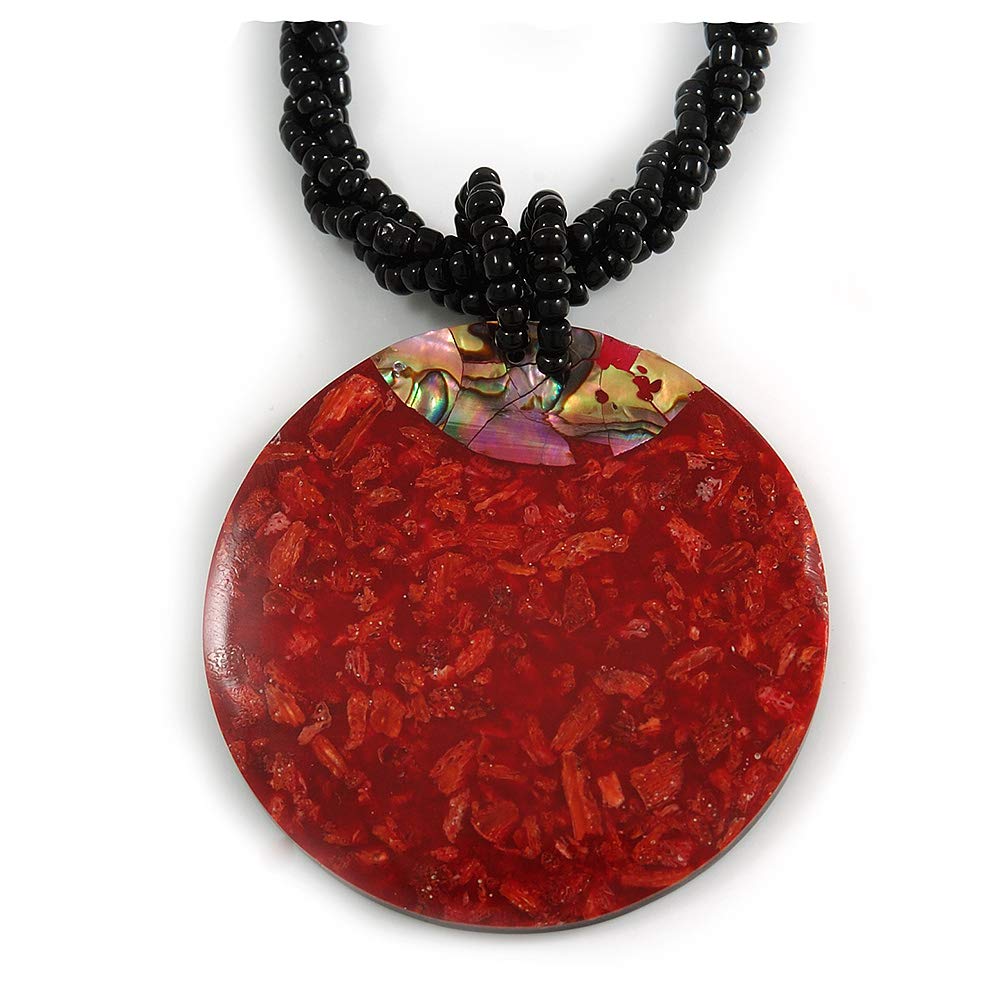 Avalaya 50mm Round Red Shell Pendant with Twisted Black Glass Bead Chain Necklace/ 44cm L