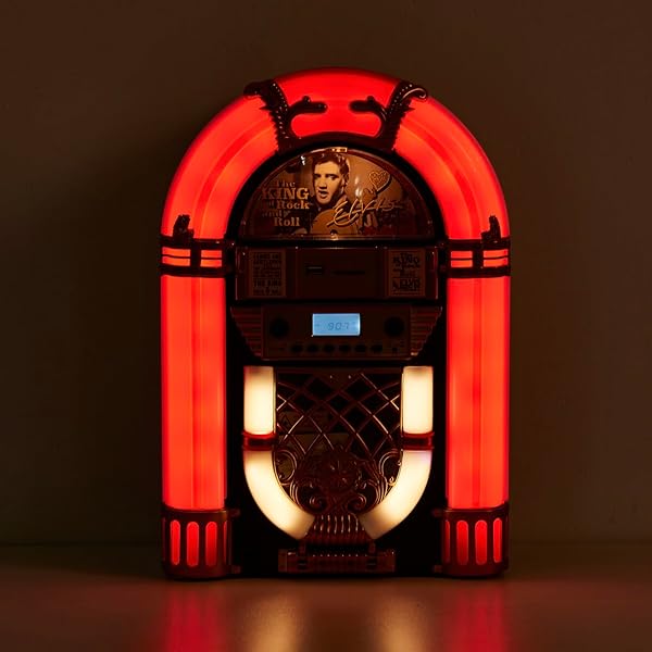 ARKROCKET ATHENA MINI JUKEBOX/TABLETOP CD PLAYER/BLUETOOTH SPEAKER/RADIO/USB AND SD CARD PLAYER WITH RETRO LED LIGHTING SYSTEM (BLACK GOLDEN)