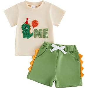 Mobbdow Baby Boy 1st Birthday Outfit Dinosaur Ballon One Embroidery Short Sleeve T-Shirt and Shorts Set Cake Smash Outfit