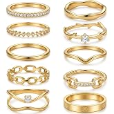 Myofeng 14K Gold Plated Stackable CZ Rings for Women Set,Sizes 6-10 | Non Tarnish Cubic Zirconia Dainty Band Set, Wedding Engagement &amp; Promise Rings，festival gifts