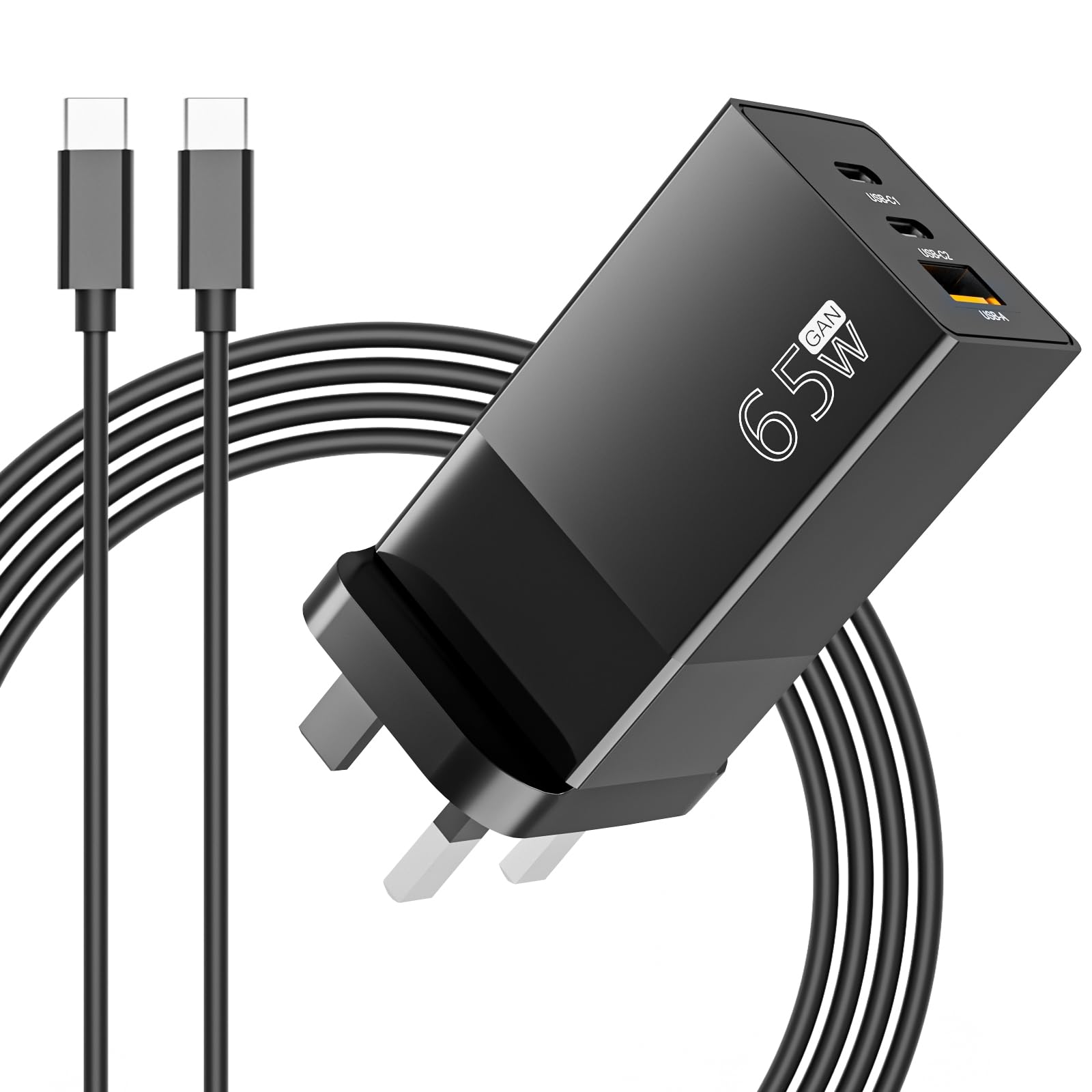 FUDCOCWN 65W USB C Plug Fast GaN Charger Compatible with 3-Port for MacBook Pro/Air, Dell XPS, iPhone 17/16/15 Series, Galaxy S25/S24/S23 Ultra