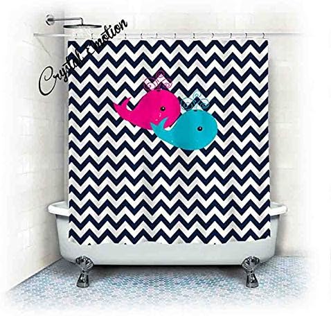 Crystal Emotion Navy Blue Chevron with Hot Pink and Turquoise Whales shower curtain