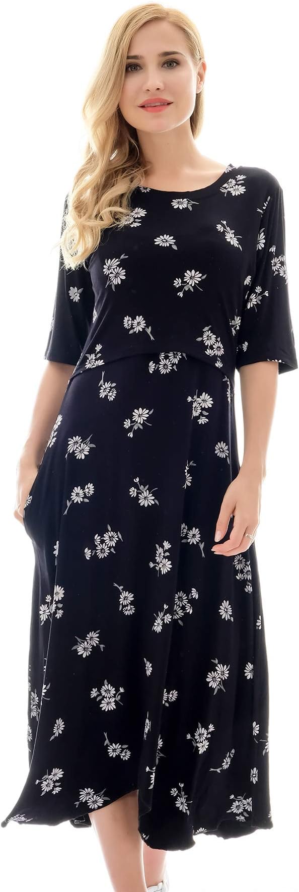 Bearsland Women's Maternity Nursing Dress 1/2 Sleeves Soft Breastfeeding Dresses Pockets