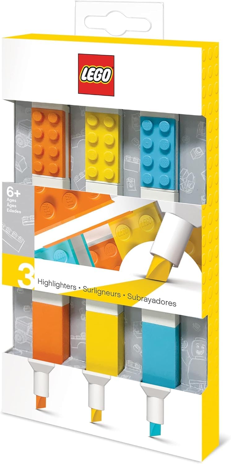 IQ LEGO Stationery 3 Pack Highlighter Markers with 4x2 Building Bricks - Yellow, Orange, Blue (51685)