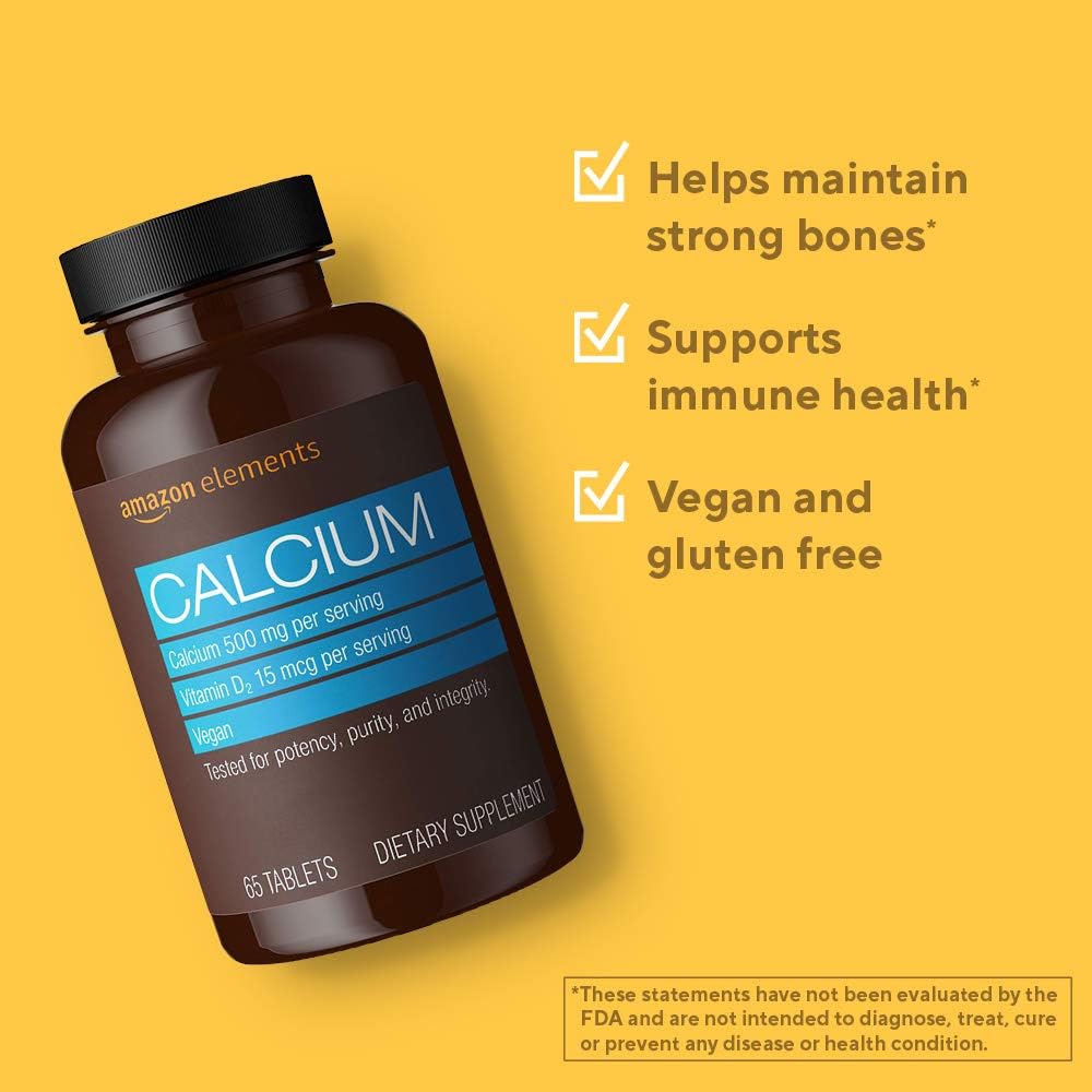 Elements Calcium plus Vitamin D, Calcium 500mg with D2 600IU, Vegan, 65 Tablets (2 month supply) (Packaging may vary), Supports Strong Bones and Immune Health: Health & Personal Care