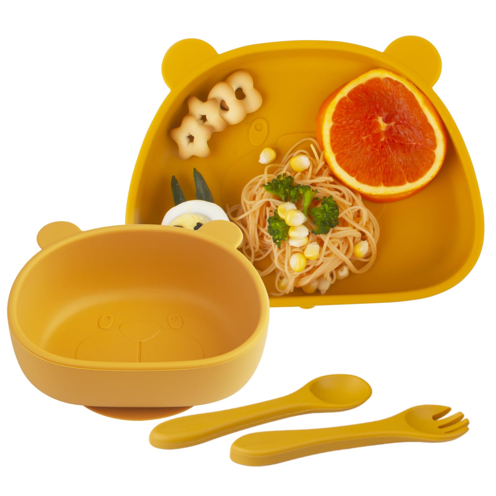 Suction Baby Plate and Bowl Set with Fork Spoon, Silicone Baby Led Weaning Supplies for Toddler Self Feeding, BPA Free Dishwasher and Microwave Safe (Yellow) — image 1