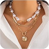 Gold Layered Necklaces for Women Chunky Layered Gold Necklaces Stacked Paperclip Chain Pearl Necklace Herringbone Toggle Clasp Choker Trendy Jewelry Gifts for Her