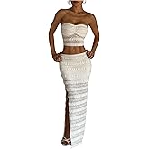 GORGLITTER Women's 2 Piece Maxi Skirt Set Floral Lace Strapless Tube Top Slit Thigh Bodycon Skirt Summer Vacation Outfit